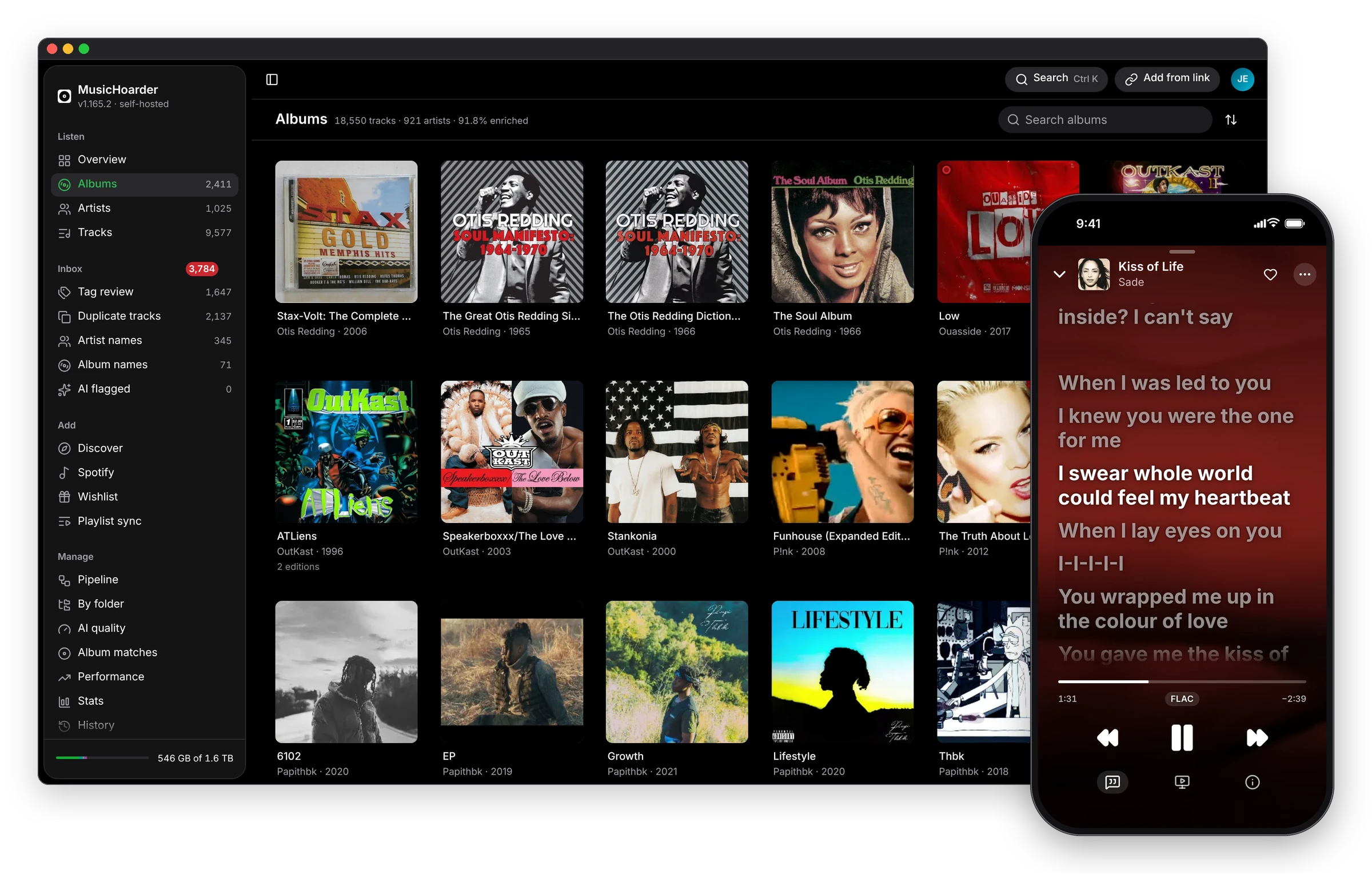 MusicHoarder on a desktop and an iPhone: the Albums grid of a real library, next to Now Playing with time-synced lyrics over the song's music video